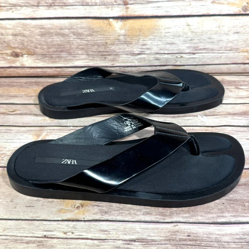 Zara Womens Black Minimalist Satin Insole Slip On Thong Slides Sandals 39/8.5 - Picture 2 of 6